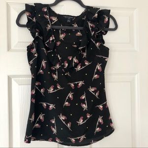 Banana Republic Sweet Black Bird and Heart Ruffle Top